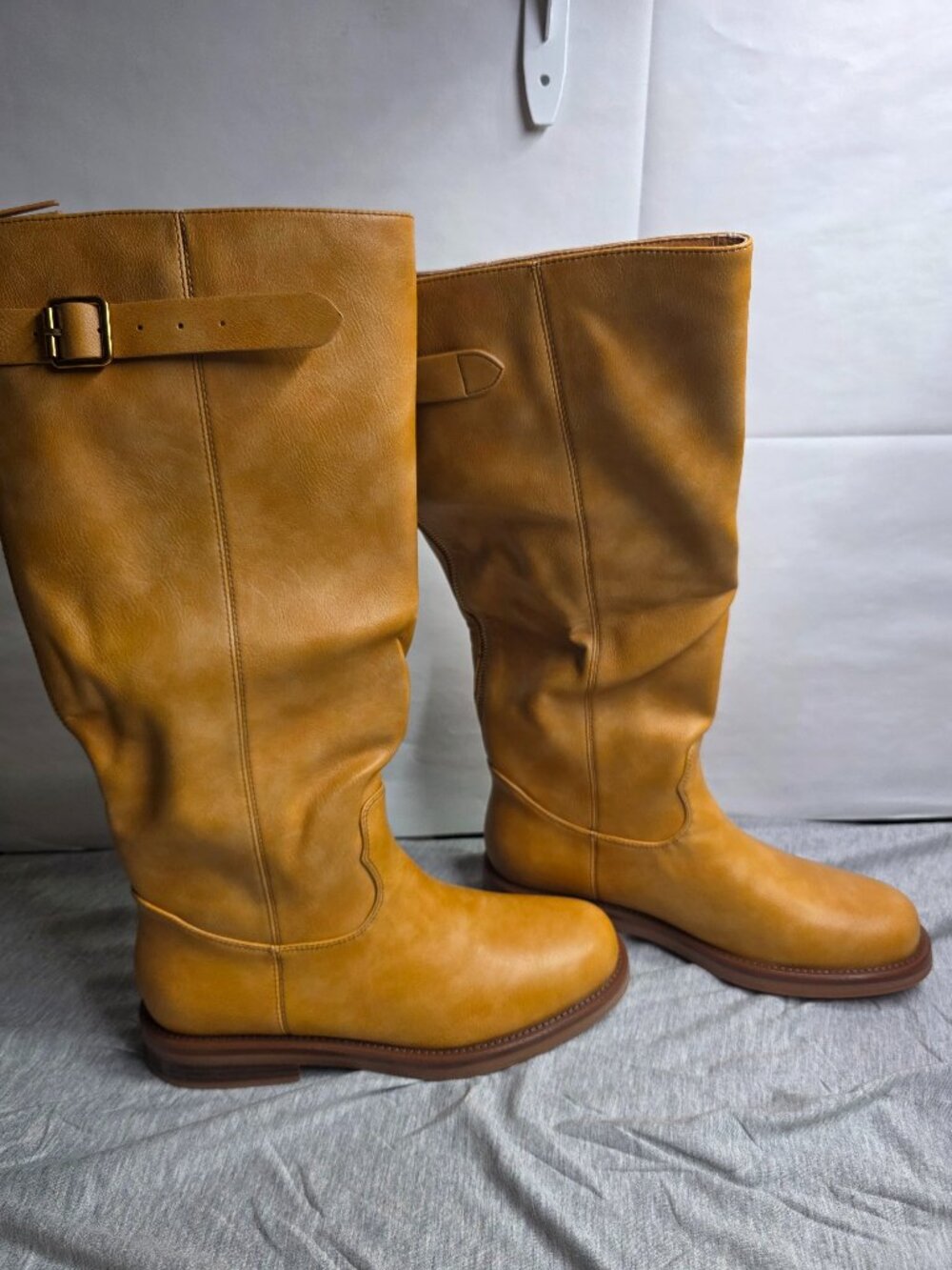 Lumuta Women's Tall Riding Boots Camel Tan Leather Look Gold Buckle